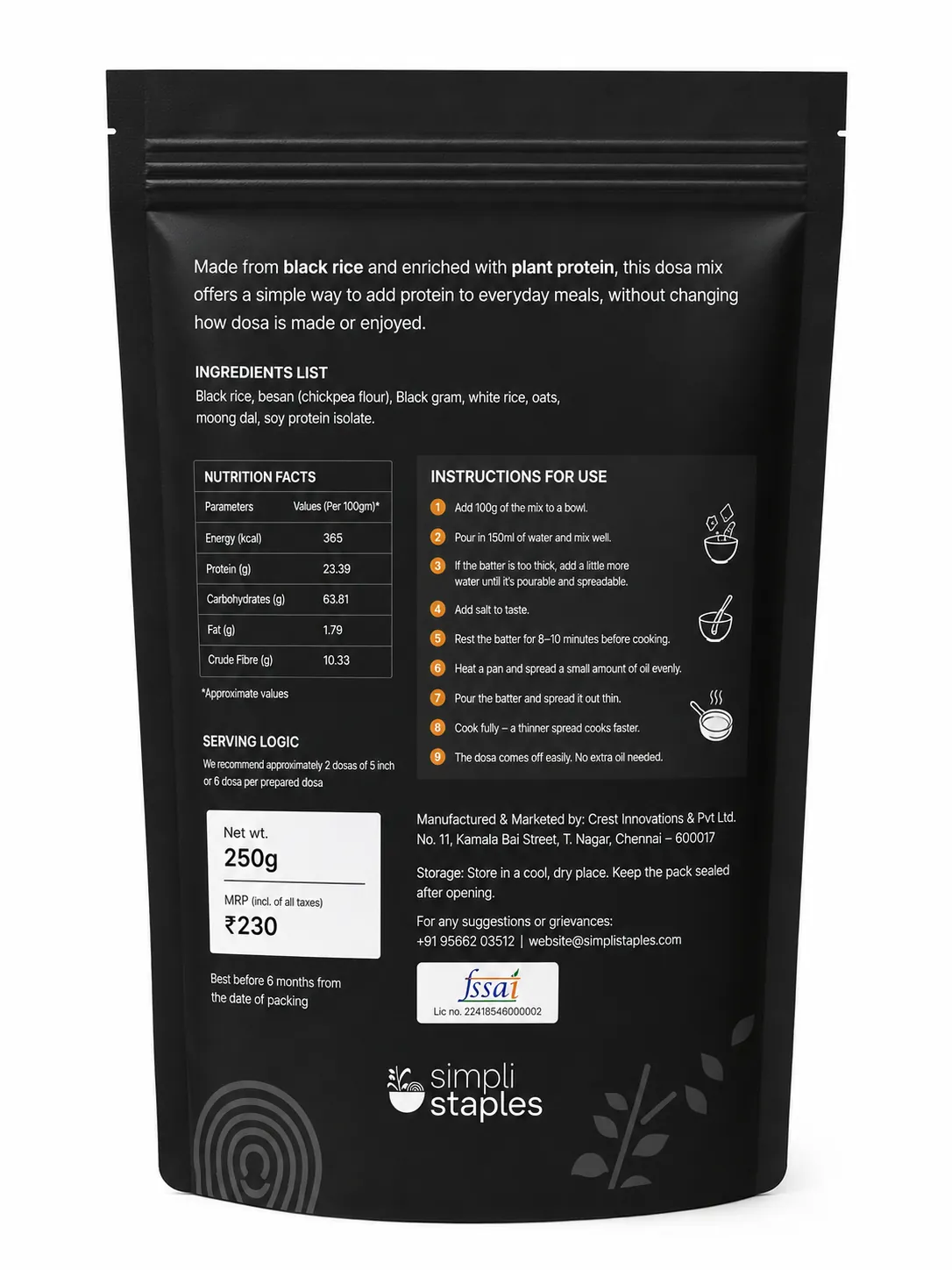 Black Rice dosa mix pack in use