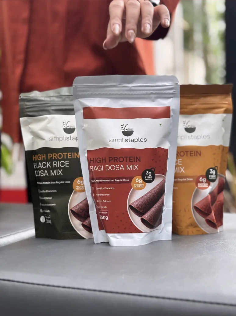 SimpliStaples High Protein Dosa Mix packs in Ragi, Black Rice and Red Rice