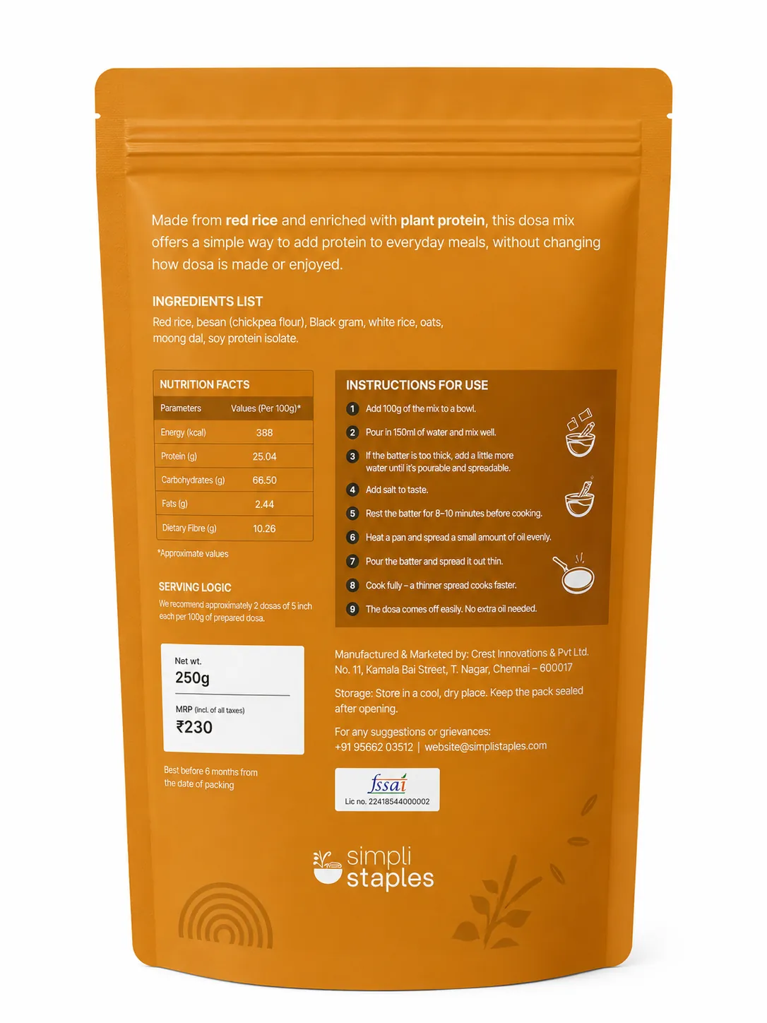 Red Rice dosa mix pack in use